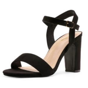 Black high-heeled sandal with an ankle strap and buckle closure. Features a thick heel and wide toe strap.