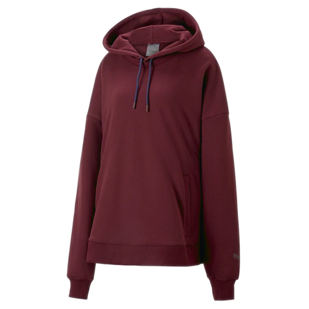 Burgundy hoodie with a relaxed fit, featuring a front pocket, ribbed cuffs, and hem. It includes an adjustable drawstring hood.