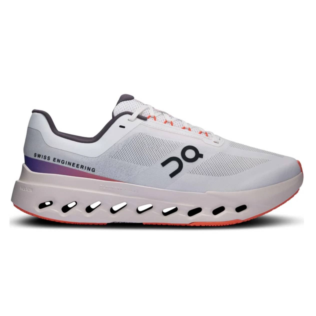 White athletic sneaker with Swiss engineering branding, featuring a ventilation system in the midsole and bold logo on the side.
