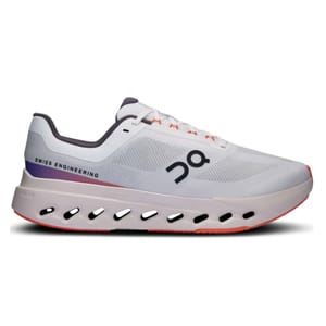 White athletic sneaker with Swiss engineering branding, featuring a ventilation system in the midsole and bold logo on the side.
