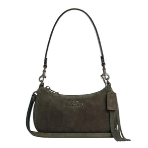 A small olive green suede handbag with a detachable shoulder strap, fringe detail, and a brand logo on the front.