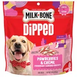 Milk-Bone Dipped Pawberries & Crème is a limited edition dog treat featuring strawberry-flavored biscuits with vanilla yogurt-flavored coating. Net weight: 10 oz (283 g).