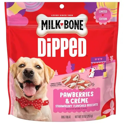 Milk-Bone Dipped Pawberries & Crème is a limited edition dog treat featuring strawberry-flavored biscuits with vanilla yogurt-flavored coating. Net weight: 10 oz (283 g).