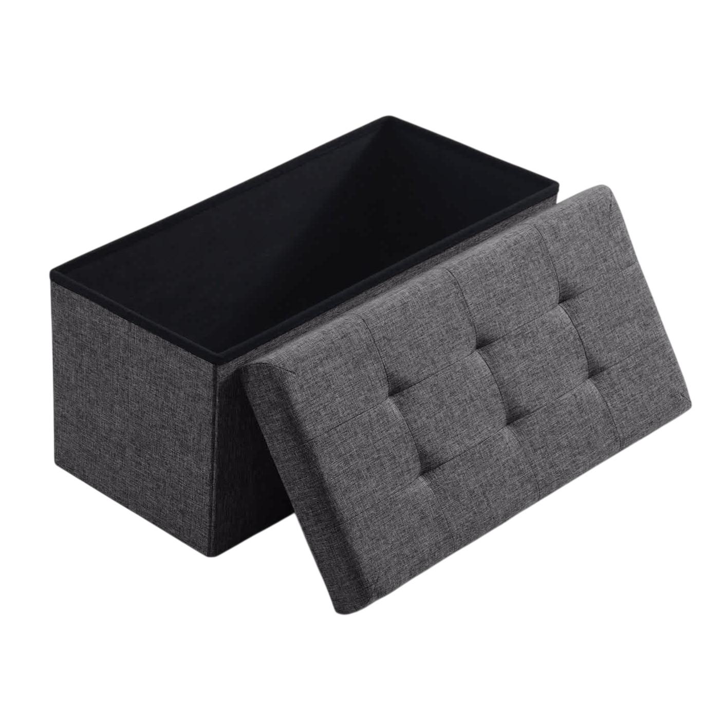 A gray fabric storage ottoman with a tufted lid, partially open to reveal internal storage space.