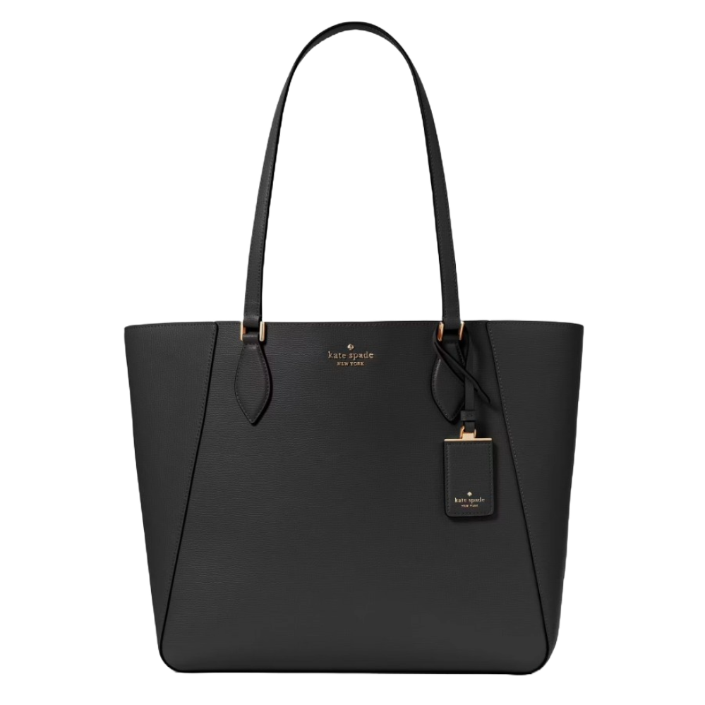 A sleek black Kate Spade New York tote bag with gold-tone hardware and attached tag, featuring long handles and a minimalist design.