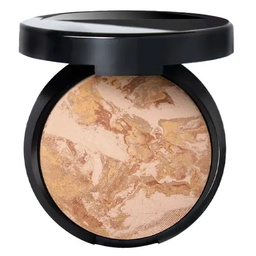 A compact powder with a marbled blend of beige, gold, and light brown shades, encased in a black container with a flip-open lid.