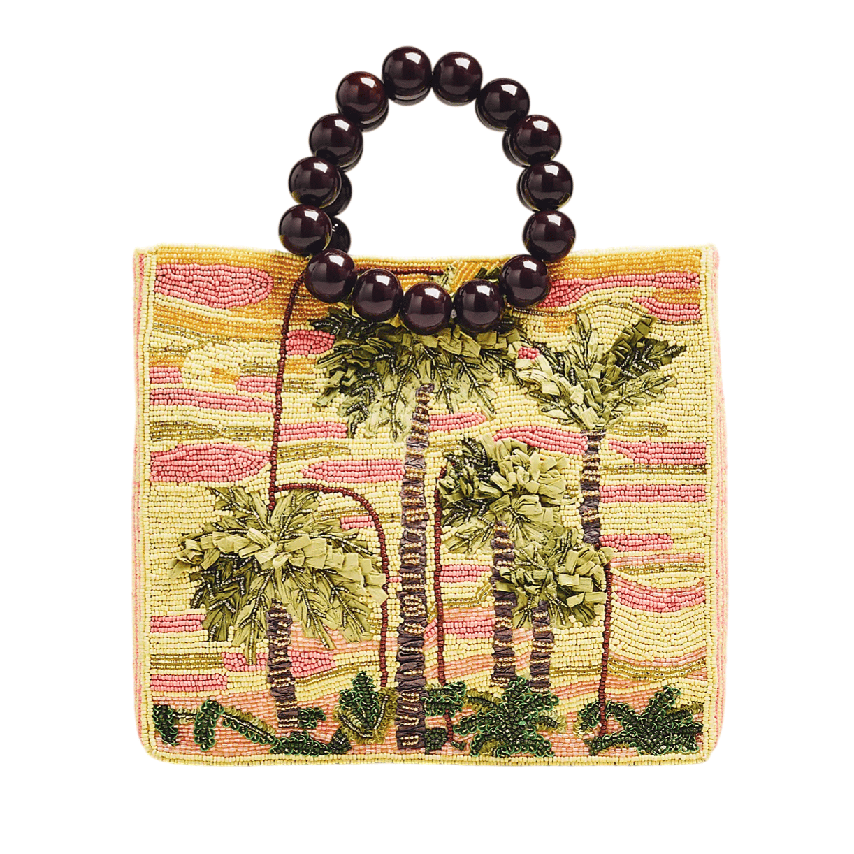 A rectangular beaded handbag with a tropical palm tree design in green and brown on a pink and yellow background, featuring a round handle made of dark beads.