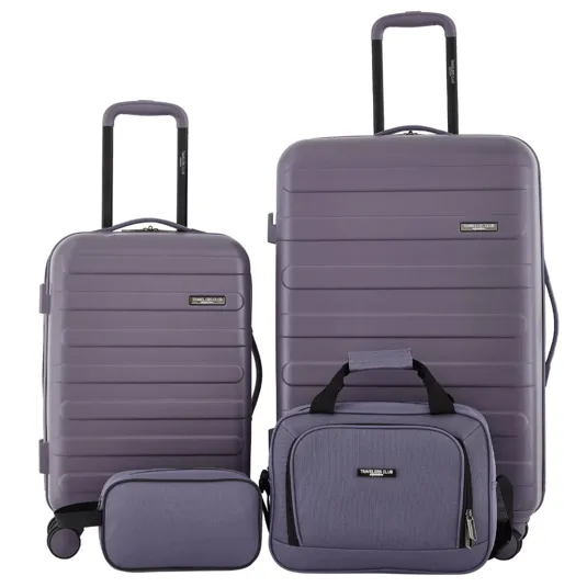 Four-piece purple luggage set includes two suitcases with wheels and retractable handles, a smaller carry-on bag, and a toiletry pouch.