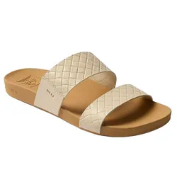 Beige woven strap slide sandal with a cushioned tan footbed.
