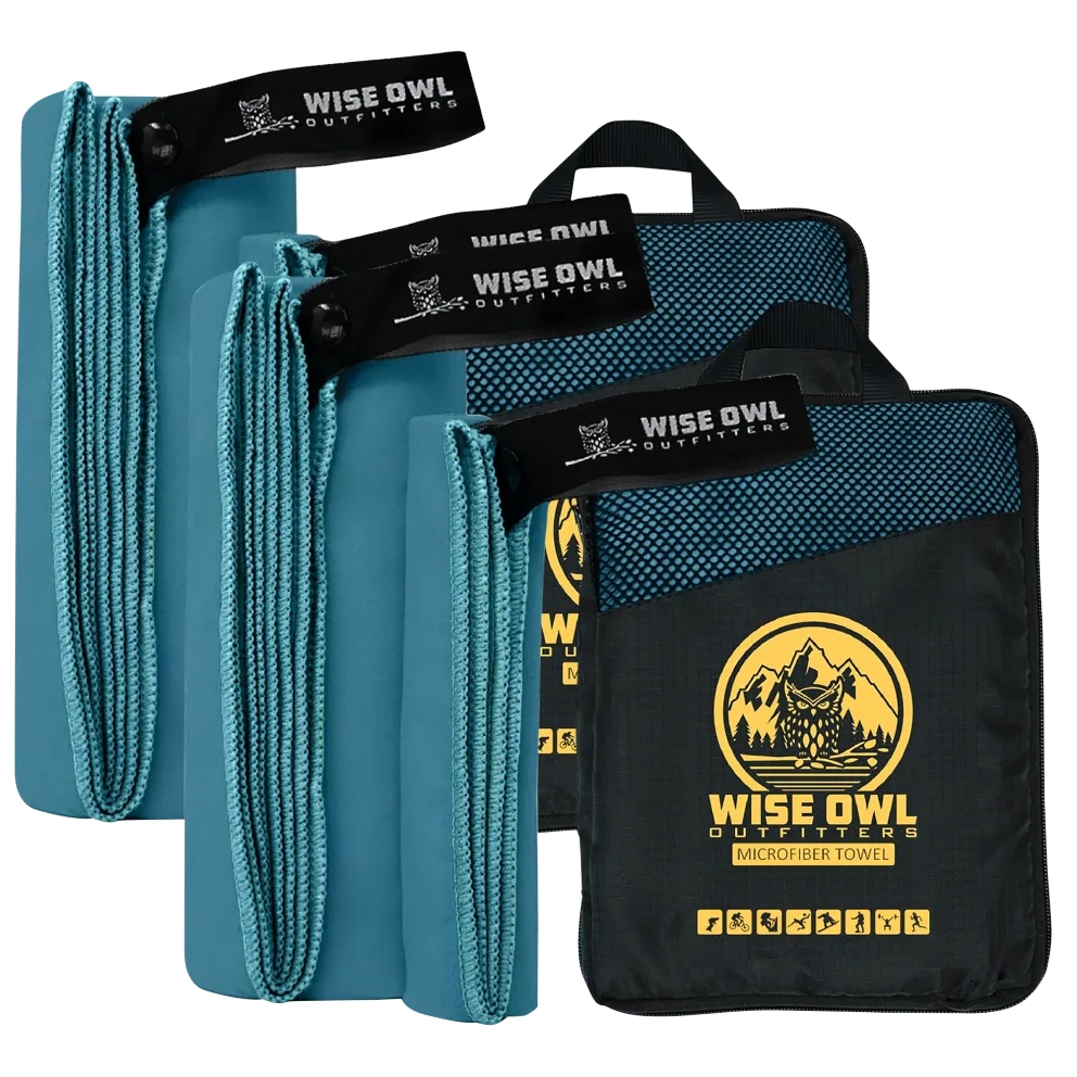 Wise Owl Outfitters microfiber towels in blue with black straps and labeled cases, designed for various outdoor activities.