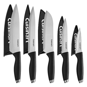 The Cuisinart 10pc Cutlery Set includes five knives with black handles and stainless steel blades, each with a matching black blade guard.