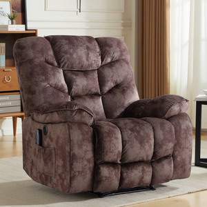 Brown fabric recliner featuring plush padding, massage and heat functions, USB charging port, and a side pocket, offering comfort and convenience.