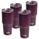 Four purple stainless steel tumblers with clear lids, labeled \“BUILT.\“