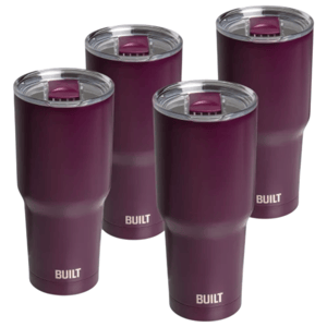 Four purple stainless steel tumblers with clear lids, labeled \“BUILT.\“