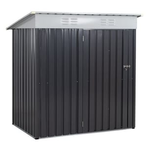 A 6-foot metal storage shed with vertical gray panels, a sloping roof with ventilation grilles, and a front door equipped with a handle.