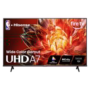 Hisense 75\“ Fire TV features Ultra HD A7 with Wide Color Gamut, Dolby Vision-Atmos, and Alexa voice control. The display showcases a vibrant, fiery orange flower.