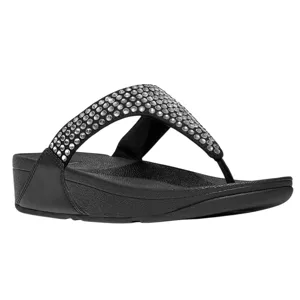 Black wedge sandal with a thong strap adorned with two rows of silver studs, featuring a textured footbed and a sleek design.