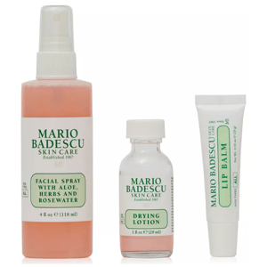 The Mario Badescu 3pc Skincare Set includes a 4 fl oz Facial Spray with Aloe, Herbs, and Rosewater, a 1 fl oz Drying Lotion, and a Lip Balm.