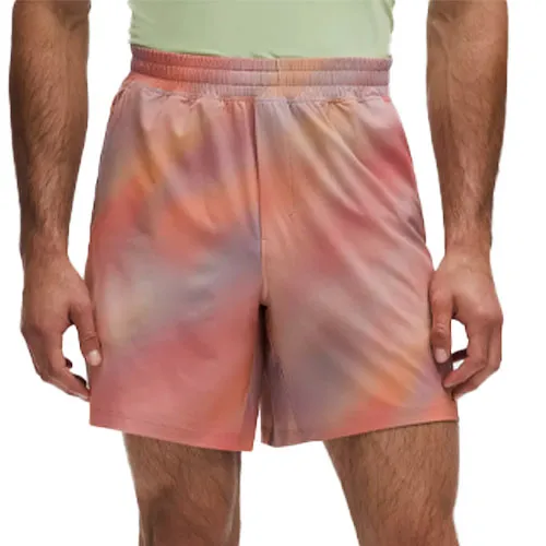 Men's athletic shorts with an abstract pastel tie-dye pattern and an elastic waistband.