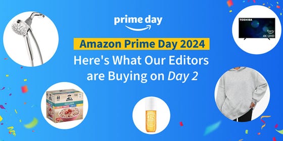 a banner promoting amazon prime day 2024 with a showerhead, box of oatmeal, tv, perfume, and a hoodie