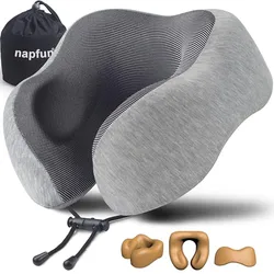 A gray memory foam travel neck pillow with black mesh, featuring adjustable straps, a carrying bag, and a series of illustrative images showing its ergonomic design.