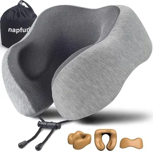 A gray memory foam travel neck pillow with black mesh, featuring adjustable straps, a carrying bag, and a series of illustrative images showing its ergonomic design.
