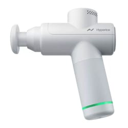 The Hyperice Massage Gun is a compact, handheld device designed for muscle relief and recovery. It features a sleek design with a T-shaped handle and a circular attachment head for targeted percussive therapy.