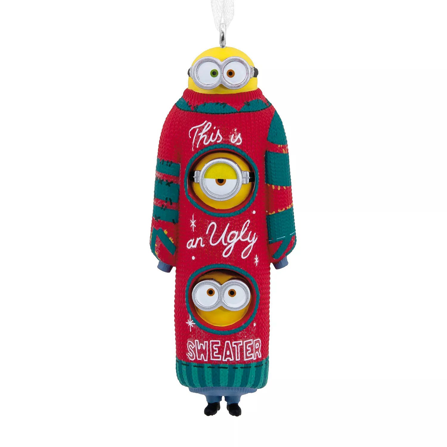 Christmas ornament featuring three Minions wearing a red and green ugly sweater with the text \“This is an Ugly Sweater.\“