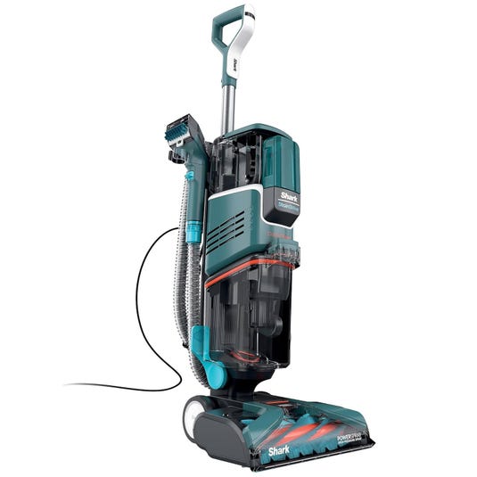 Shark upright vacuum cleaner with a detachable hose and handle, featuring \“StainStriker\“ and \“PowerFins\“ technology for enhanced cleaning.