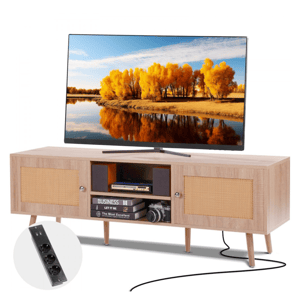 The VEVOR Rattan TV Stand features a natural wood finish with rattan doors, open shelving for storage, and a power strip. The stand supports a flat-screen TV, with decor items like books and a camera displayed on the shelves.