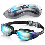 Anti-fog swimming goggles with an adjustable strap, mirrored lenses, and a black frame. The goggles have a sleek design and a watertight seal.