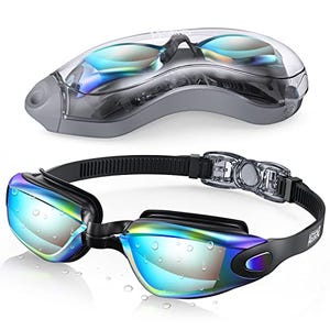 Anti-fog swimming goggles with an adjustable strap, mirrored lenses, and a black frame. The goggles have a sleek design and a watertight seal.