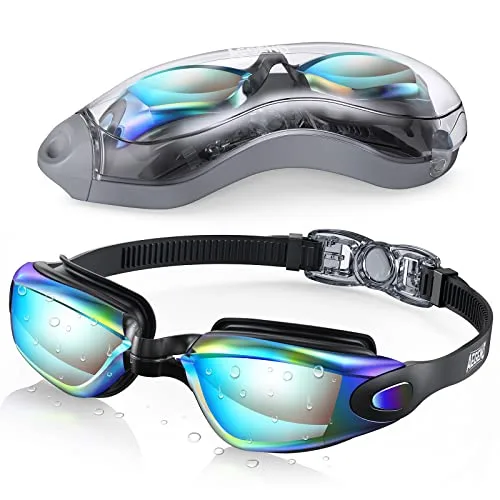 Anti-fog swimming goggles with an adjustable strap, mirrored lenses, and a black frame. The goggles have a sleek design and a watertight seal.