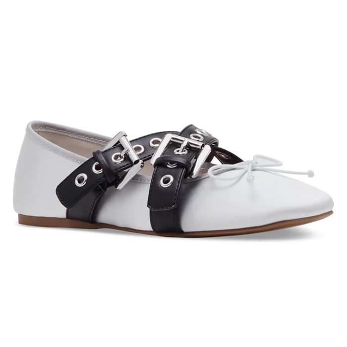 White and black flat Oxford shoe with buckle straps and white laces.
