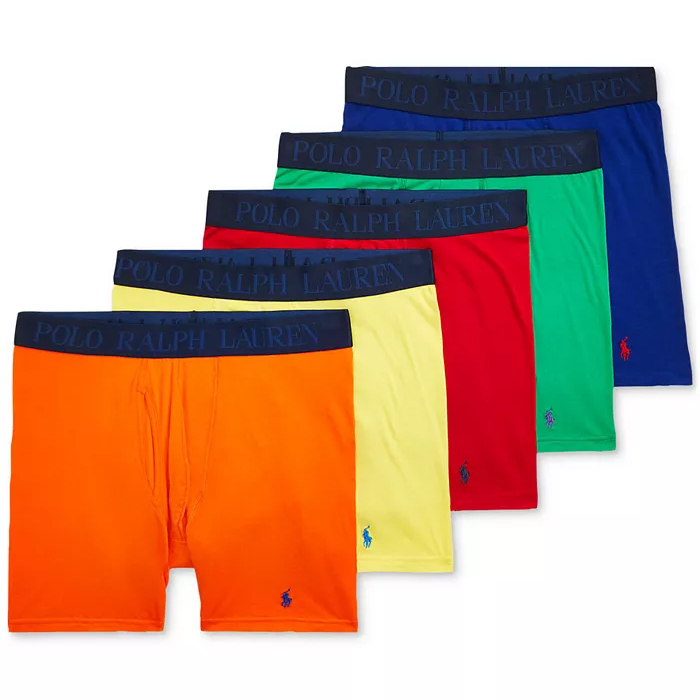 Ralph Lauren 5-pack cotton-blend briefs in vibrant colors: orange, yellow, red, green, and blue. Each features a navy waistband with \“POLO RALPH LAUREN\“ and a small embroidered logo on the leg.