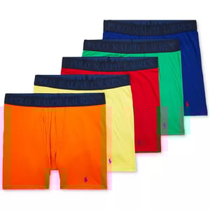 Ralph Lauren 5-pack cotton-blend briefs in vibrant colors: orange, yellow, red, green, and blue. Each features a navy waistband with \“POLO RALPH LAUREN\“ and a small embroidered logo on the leg.