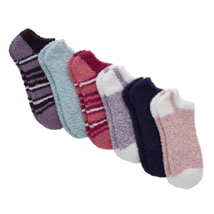 A set of six pairs of fuzzy, cozy, low-cut socks in various colors and patterns, including solid colors and stripes.