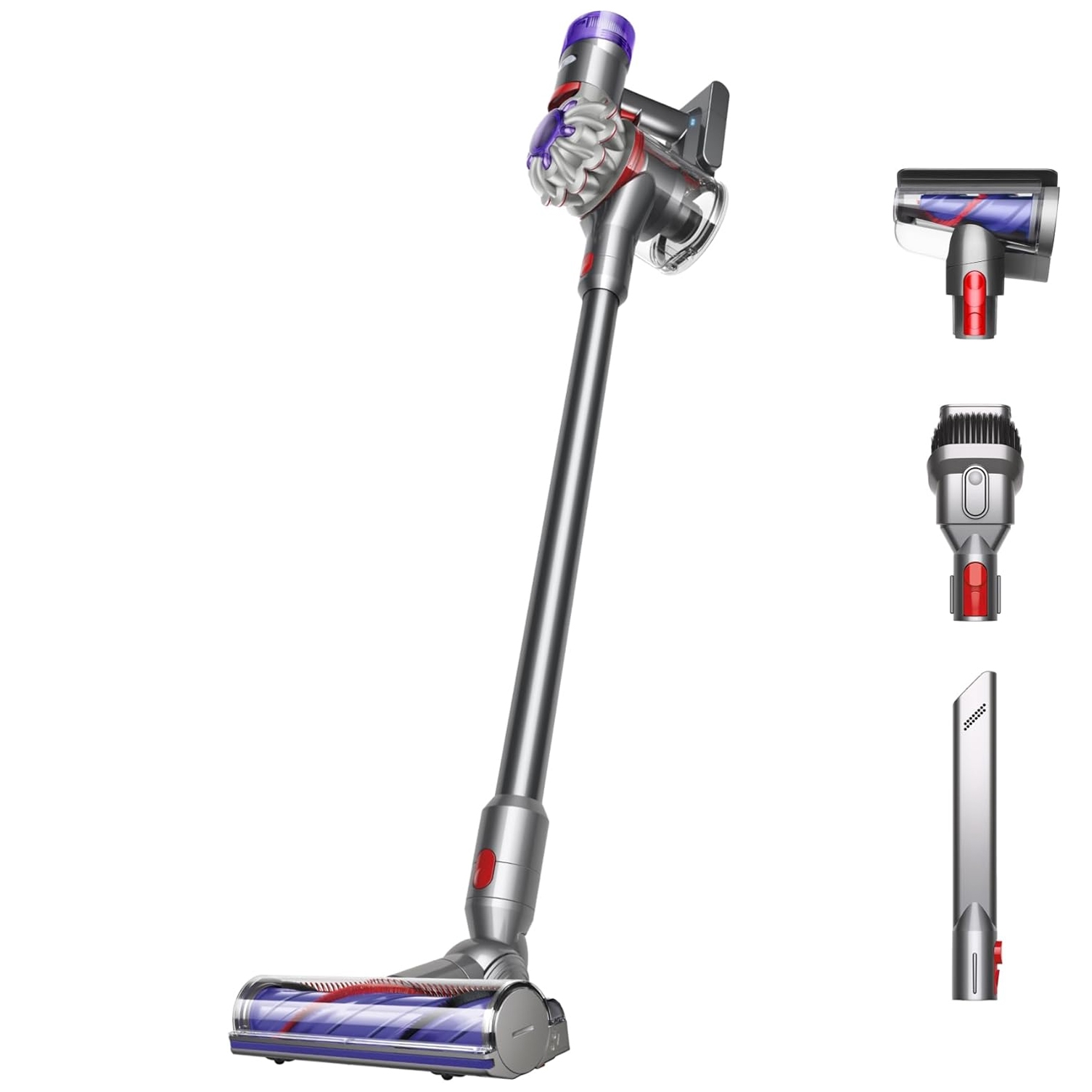 A cordless stick vacuum cleaner with three attachments: a mini motorized tool, a combination tool, and a crevice tool.