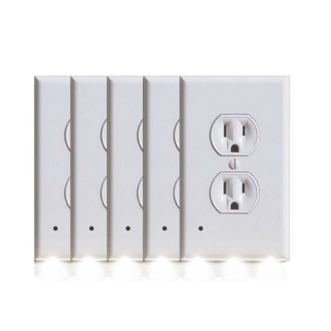 Five wall outlet covers with integrated LED night lights at the bottom.