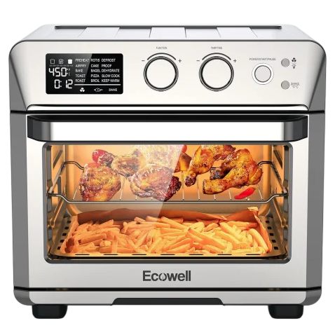 A stainless steel air fryer oven with digital display and knobs, cooking chicken and fries on two racks.
