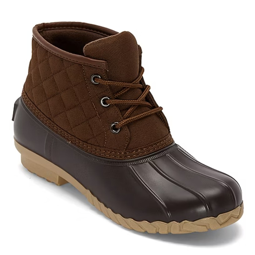 A brown lace-up duck boot with a quilted textile upper and rubber lower for water resistance, featuring a tan treaded sole.