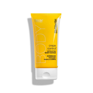 StriVectin Crepe Control Exfoliating Body Scrub in a yellow tube contains NIA-114 technology, designed to exfoliate the skin.