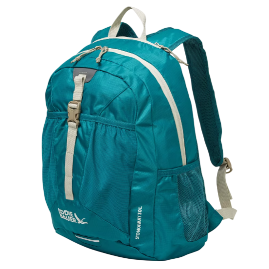 Teal backpack with a beige trim, featuring multiple compartments, mesh side pockets, and a zipper top closure. Brand: Eddie Bauer; Model: Stowaway 30L.