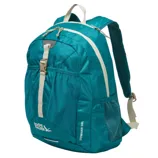 Teal backpack with a beige trim, featuring multiple compartments, mesh side pockets, and a zipper top closure. Brand: Eddie Bauer; Model: Stowaway 30L.