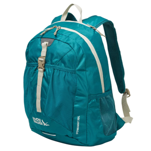 Teal backpack with a beige trim, featuring multiple compartments, mesh side pockets, and a zipper top closure. Brand: Eddie Bauer; Model: Stowaway 30L.