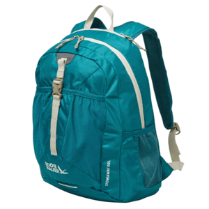 Teal backpack with a beige trim, featuring multiple compartments, mesh side pockets, and a zipper top closure. Brand: Eddie Bauer; Model: Stowaway 30L.