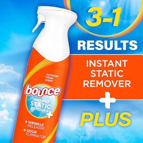 Bounce Instant Static Remover spray, featuring outdoor fresh scent, also functions as a wrinkle releaser and odor eliminator, offering 3-in-1 results.