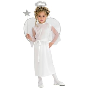 Child dressed as a fairy with wings and a wand, wearing a white dress and shoes with a halo-like headpiece.