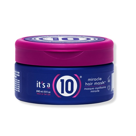 It's a 10 Miracle Hair Mask, 240 ml/8 fl oz, in a blue and pink container.
