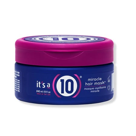 It's a 10 Miracle Hair Mask, 240 ml/8 fl oz, in a blue and pink container.